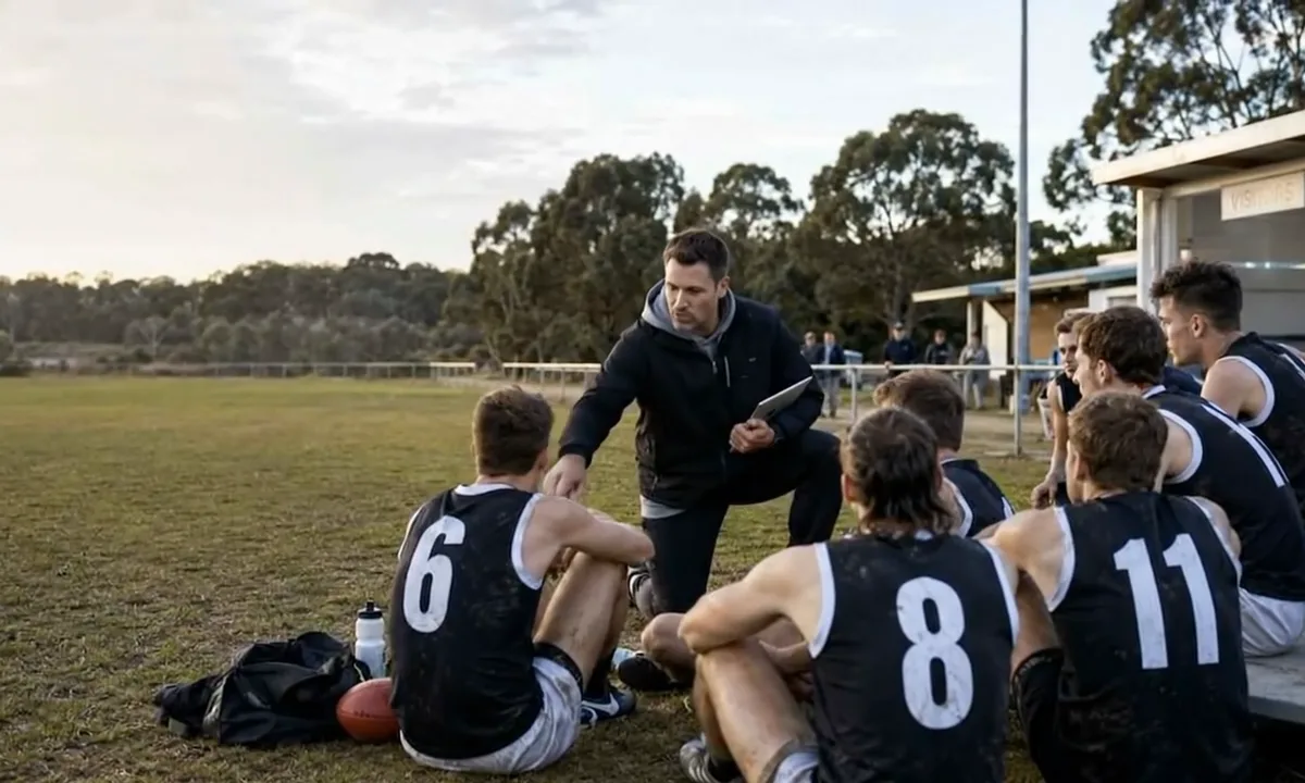 Coach kneels in front of his team at the break, talking them through the game with a tablet in hand