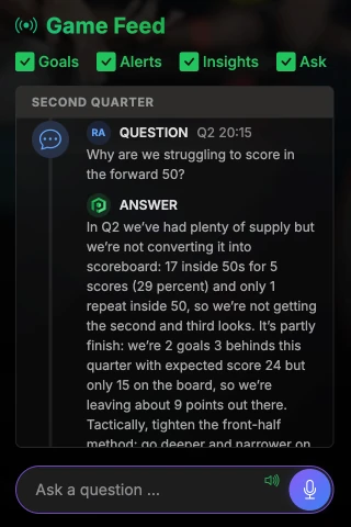 Powercoach AI Brain — coach asks 'Why are we struggling to score in the forward 50?' and gets a grounded answer