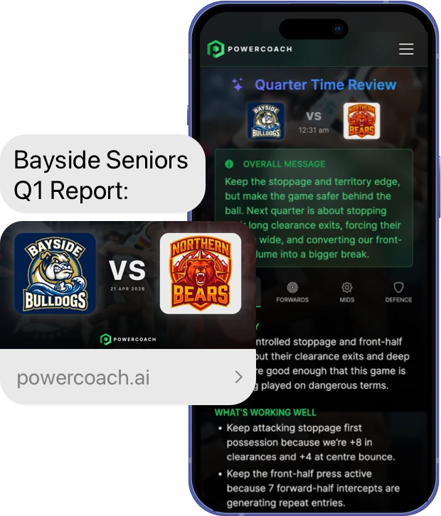 Coach's phone showing an SMS with a link to the quarter-time report, alongside the report itself