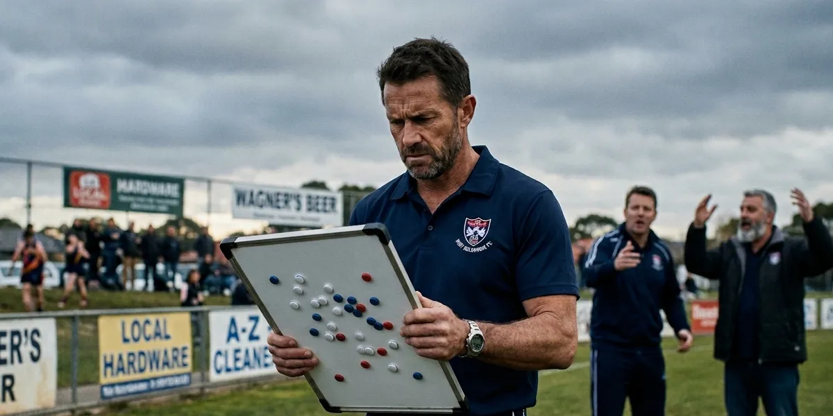 Stressed coach gripping a cluttered magnet board on the sideline